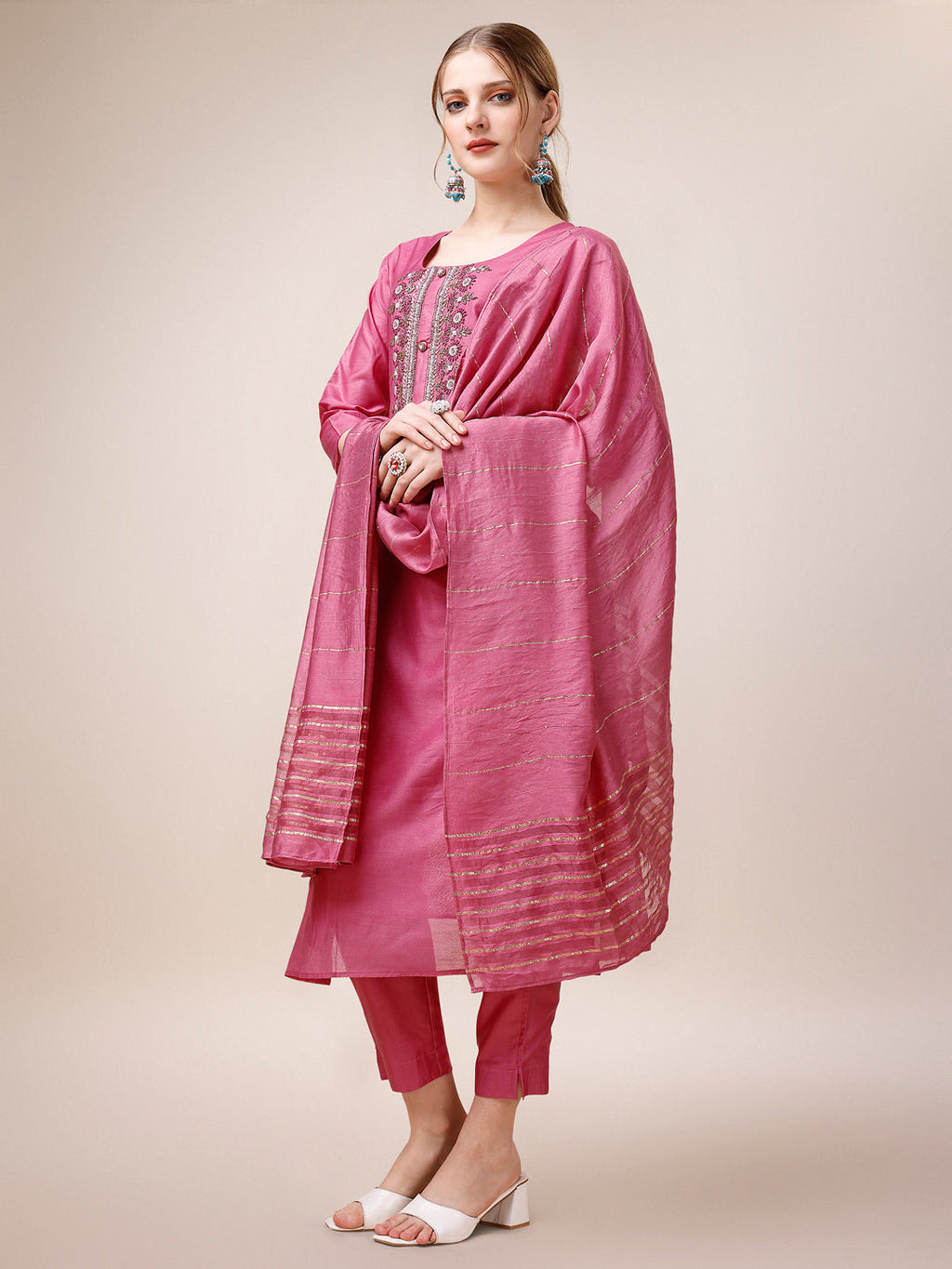 Embroidered Kurta With Pant And Dupatta Set, Multicolor - Hiral Fashion