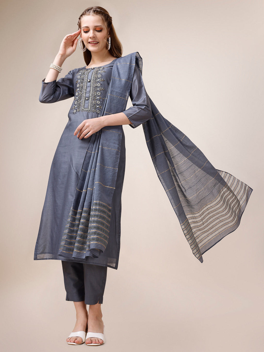 Embroidered Kurta With Pant And Dupatta Set, Multicolor - Hiral Fashion - Distacart