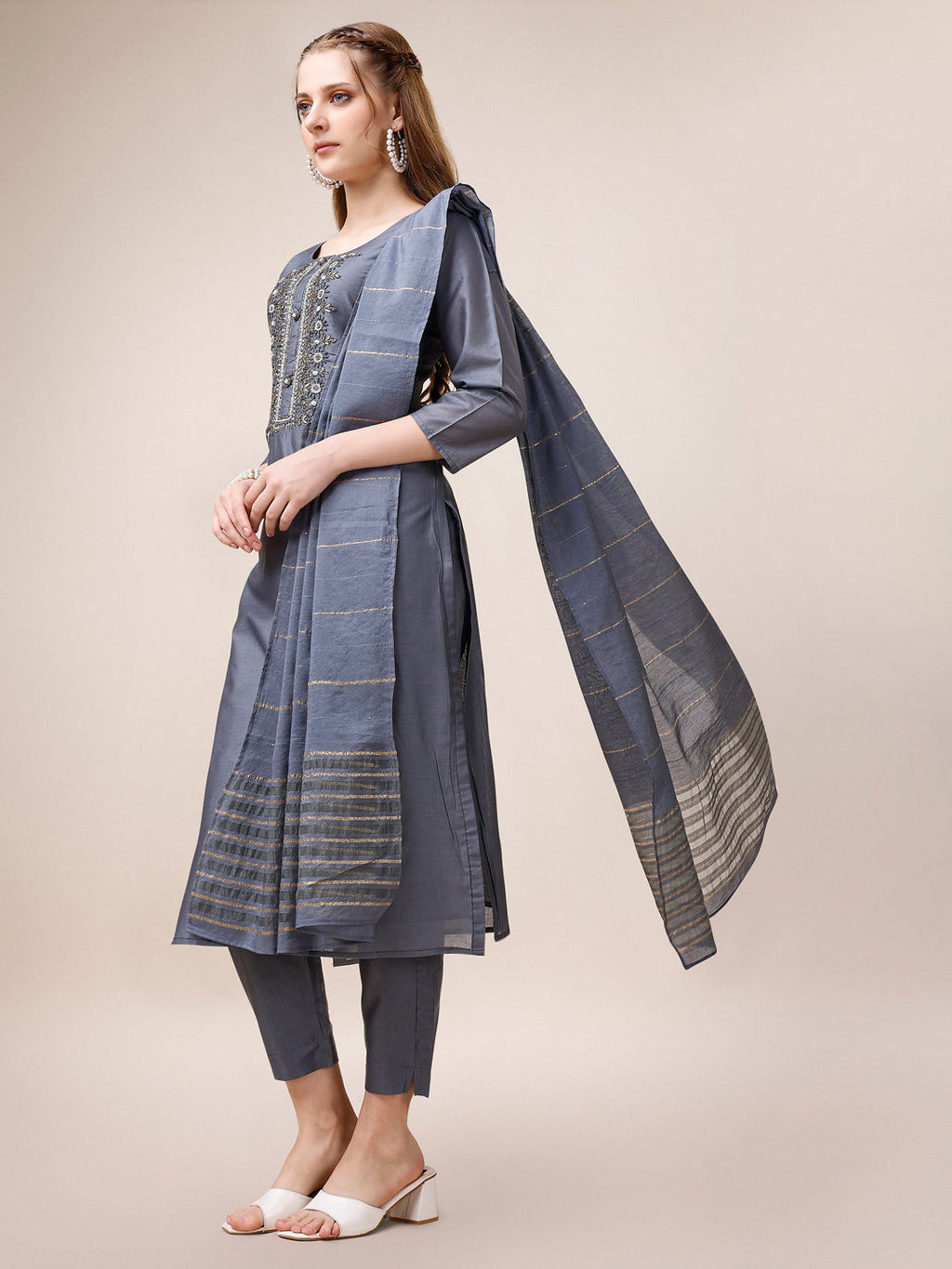 Embroidered Kurta With Pant And Dupatta Set, Multicolor - Hiral Fashion - Distacart