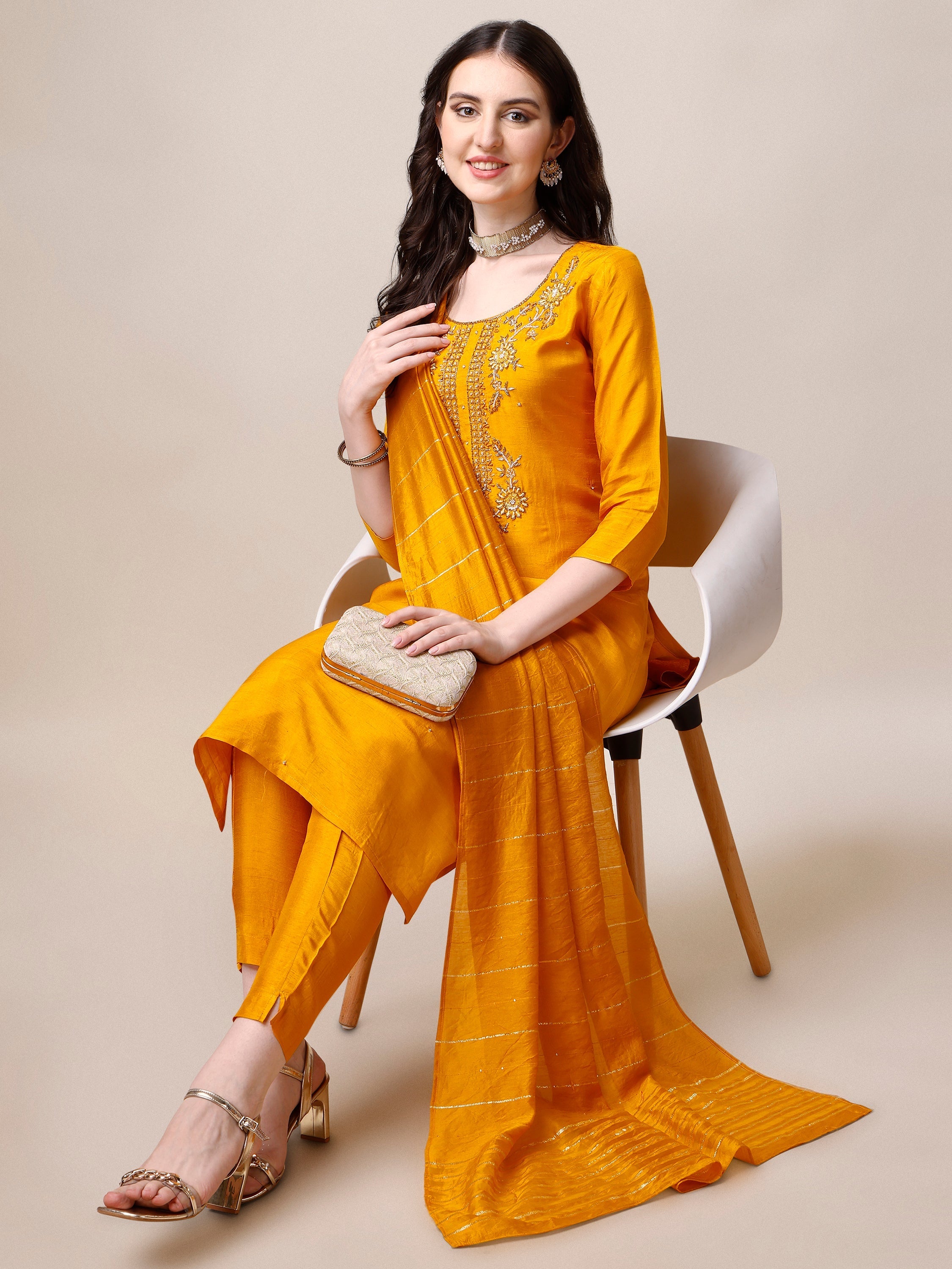 Embroidered Kurta With Pant & Dupatta Set, Multicolor - Hiral Fashion - Distacart