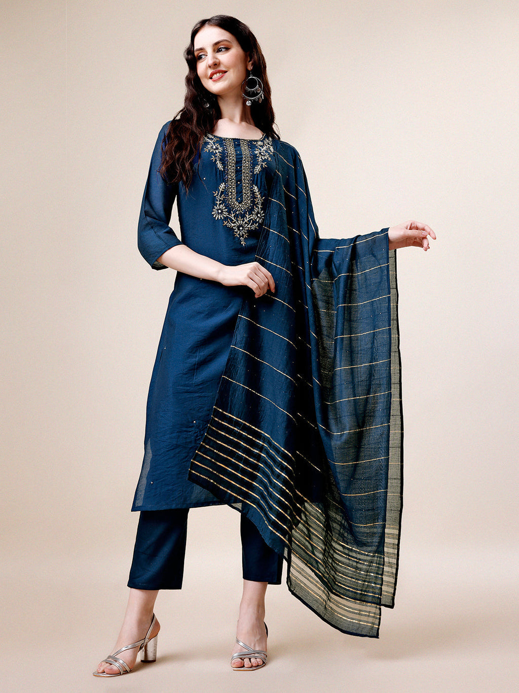 Hand Embroidered Kurta With Pant & Dupatta, Multicolor - Hiral Fashion