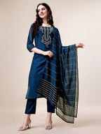 Hand Embroidered Kurta With Pant & Dupatta, Multicolor - Hiral Fashion