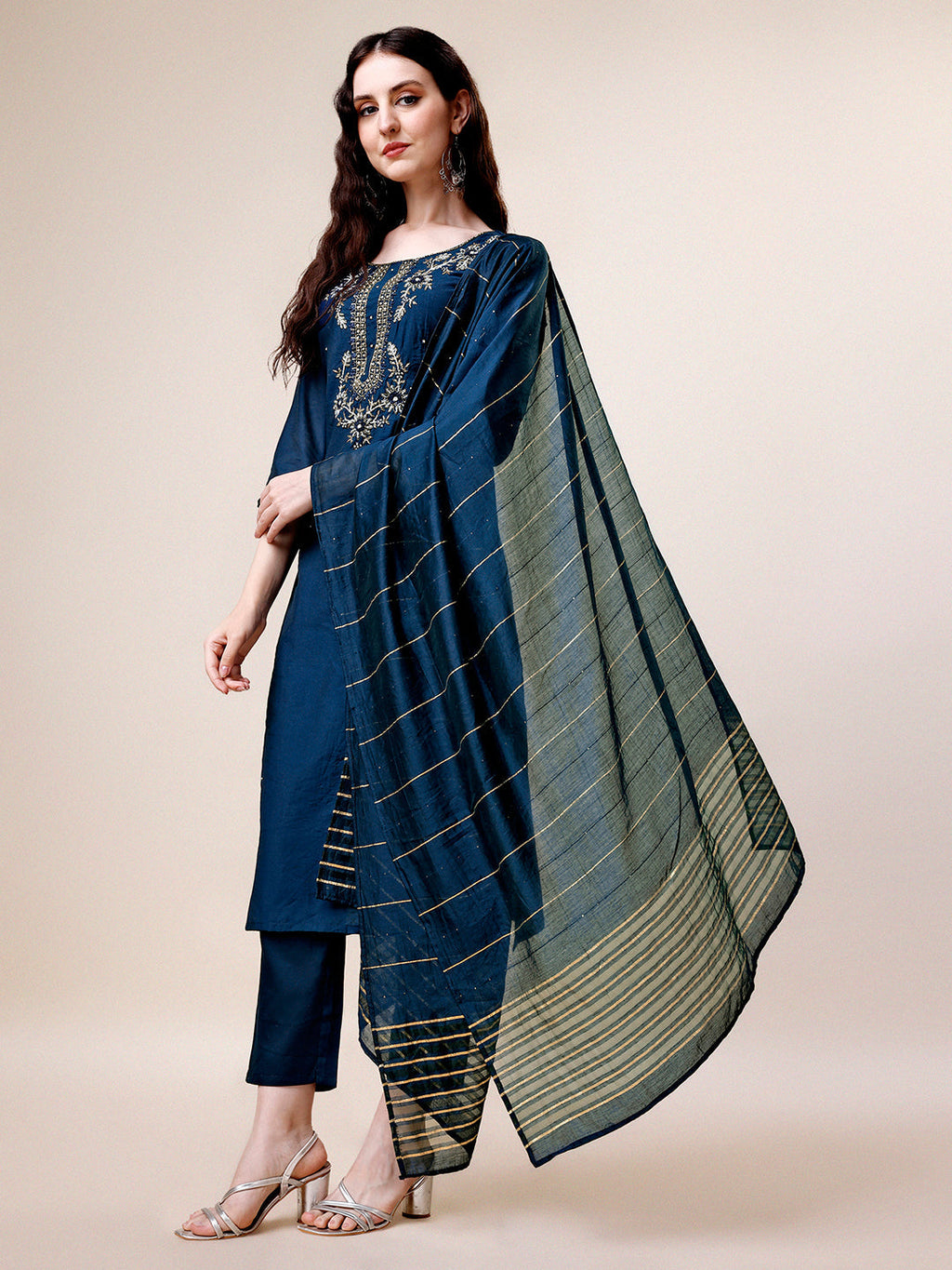 Hand Embroidered Kurta With Pant & Dupatta, Multicolor - Hiral Fashion