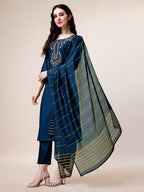 Hand Embroidered Kurta With Pant & Dupatta, Multicolor - Hiral Fashion