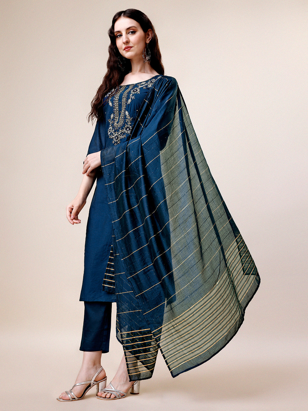 Hand Embroidered Kurta With Pant & Dupatta, Multicolor - Hiral Fashion