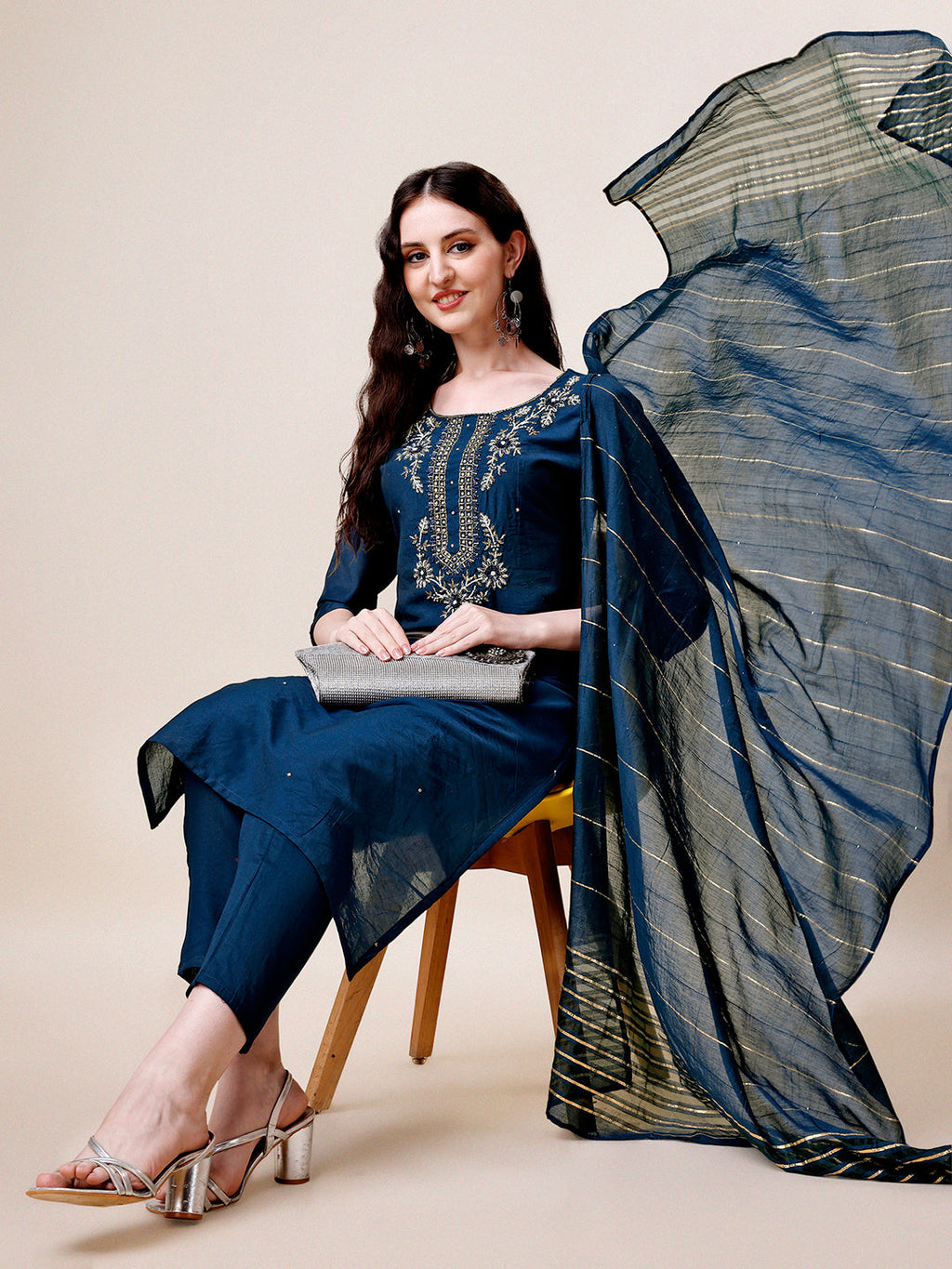Hand Embroidered Kurta With Pant & Dupatta, Multicolor - Hiral Fashion