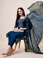 Hand Embroidered Kurta With Pant & Dupatta, Multicolor - Hiral Fashion