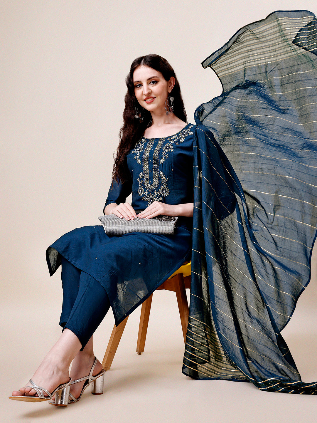 Hand Embroidered Kurta With Pant & Dupatta, Multicolor - Hiral Fashion