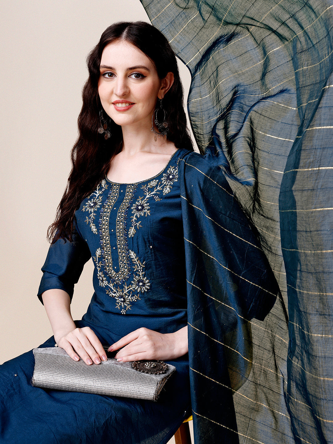 Hand Embroidered Kurta With Pant & Dupatta, Multicolor - Hiral Fashion