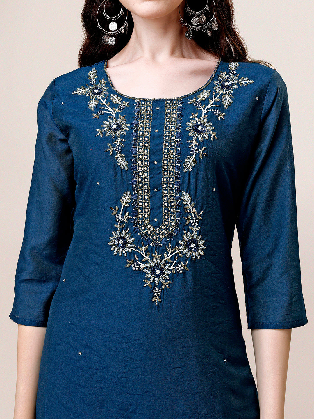 Hand Embroidered Kurta With Pant & Dupatta, Multicolor - Hiral Fashion