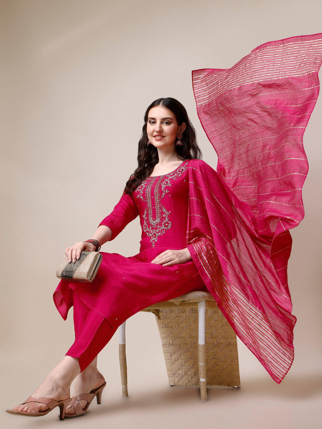 Embroidered Kurta With Pant & Dupatta Set, Multicolor - Hiral Fashion