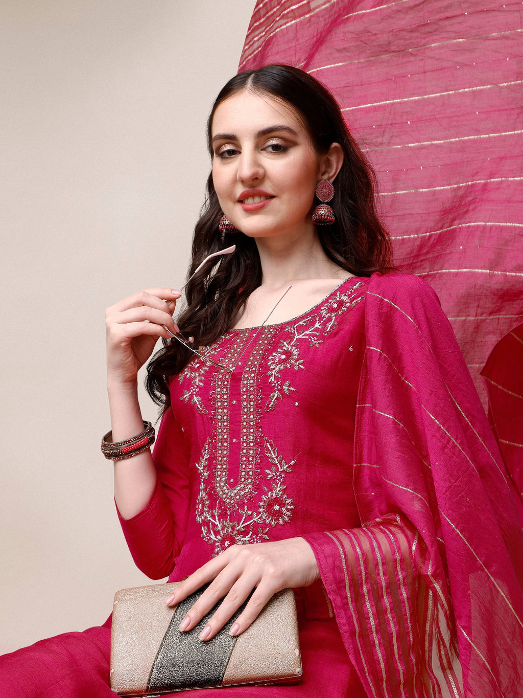 Embroidered Kurta With Pant & Dupatta Set, Multicolor - Hiral Fashion
