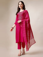 Embroidered Kurta With Pant & Dupatta Set, Multicolor - Hiral Fashion