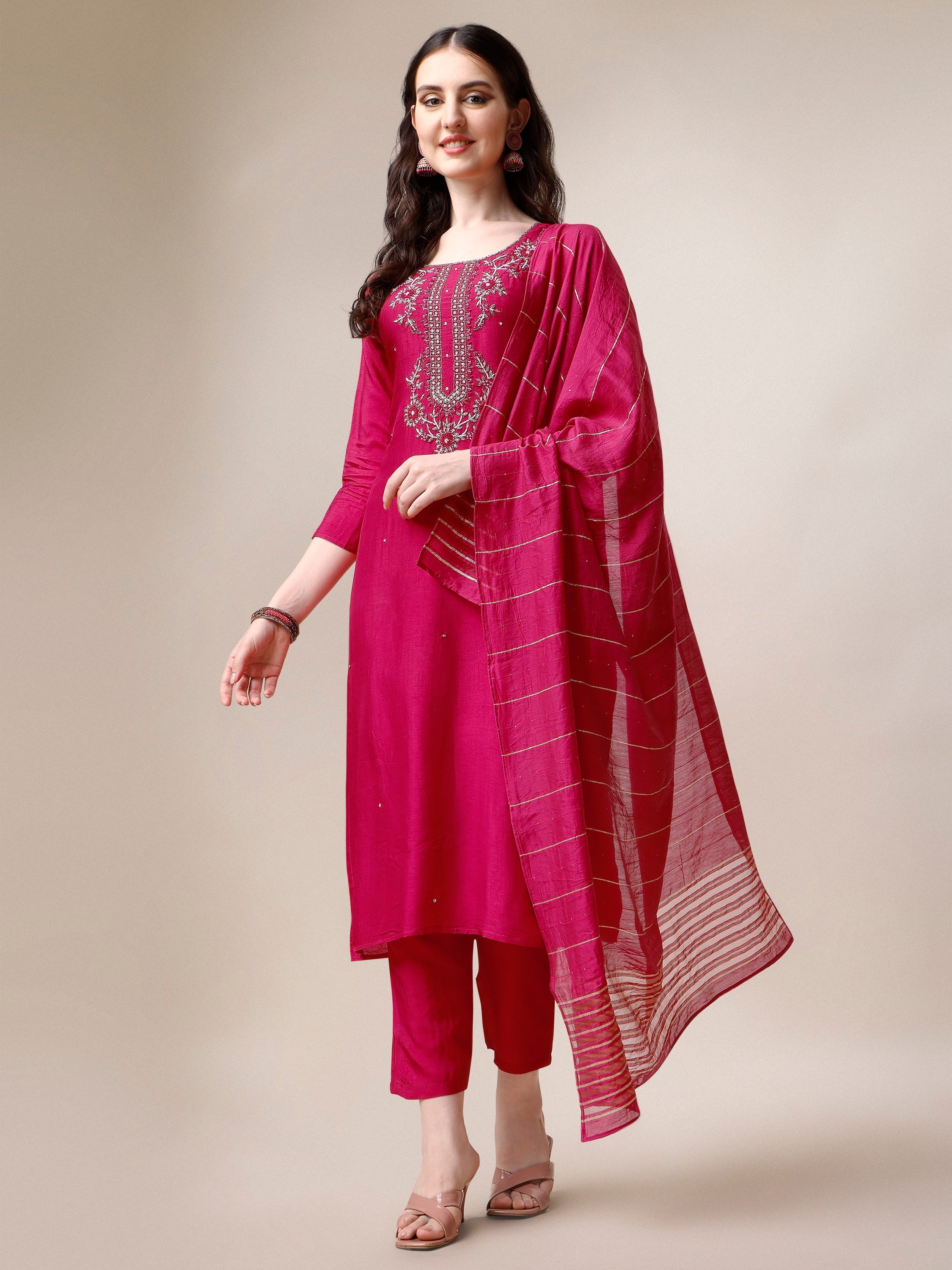 Embroidered Kurta With Pant & Dupatta Set, Multicolor - Hiral Fashion