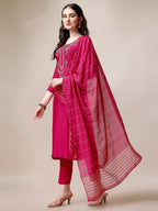 Embroidered Kurta With Pant & Dupatta Set, Multicolor - Hiral Fashion