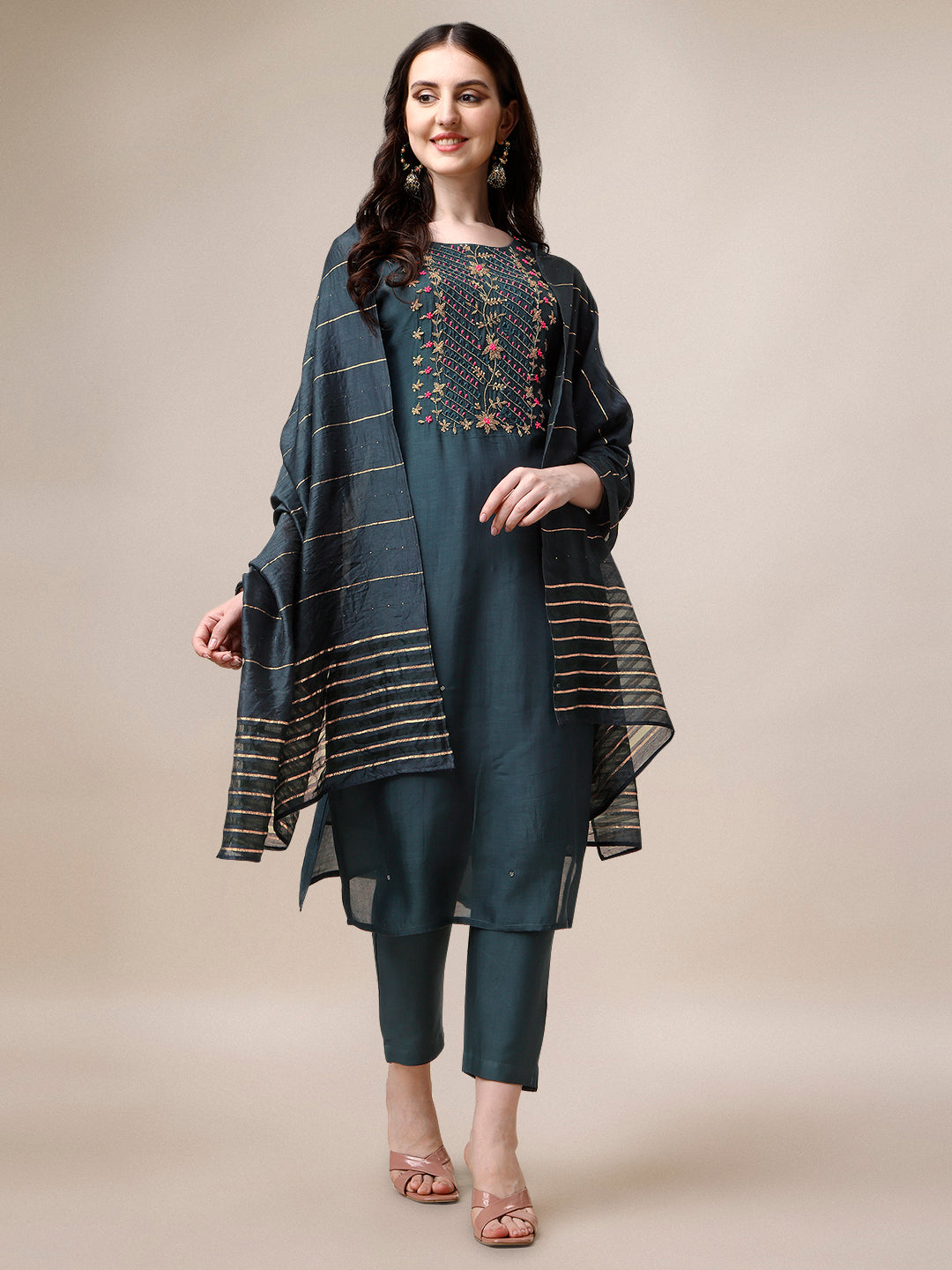 Embroidered Kurta With Pant & Dupatta Set, Multicolor - Hiral Fashion - Distacart