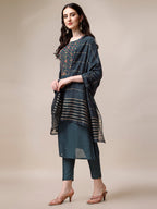 Embroidered Kurta With Pant & Dupatta Set, Multicolor - Hiral Fashion - Distacart