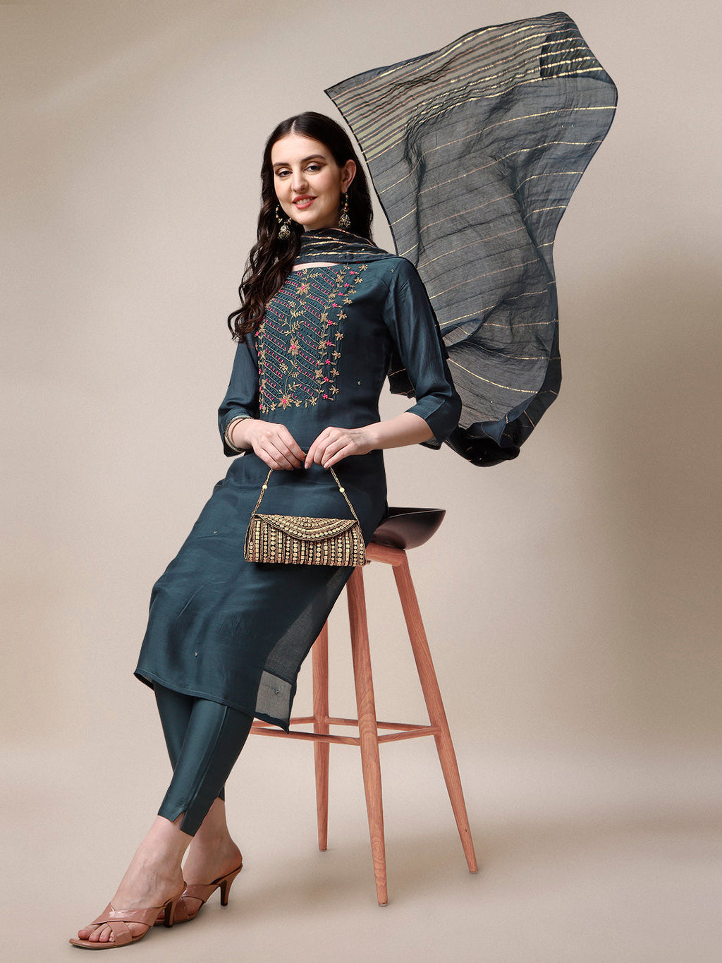 Embroidered Kurta With Pant & Dupatta Set, Multicolor - Hiral Fashion - Distacart