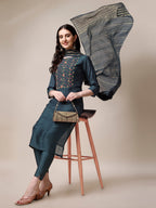 Embroidered Kurta With Pant & Dupatta Set, Multicolor - Hiral Fashion - Distacart