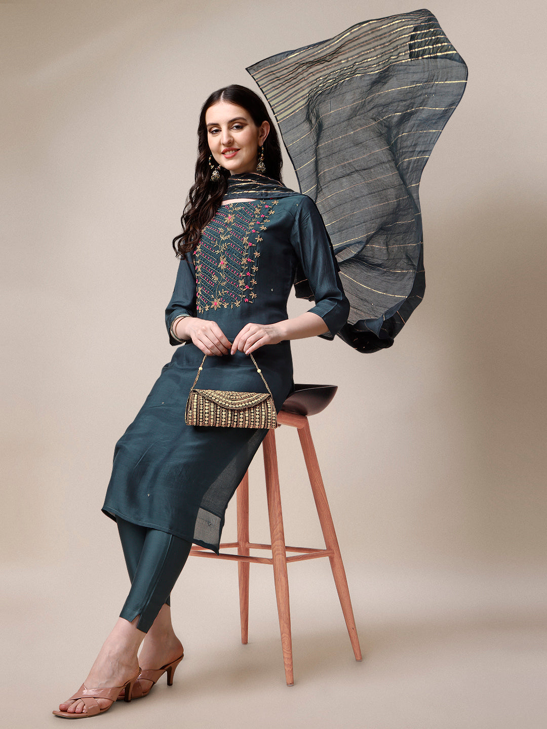 Embroidered Kurta With Pant & Dupatta Set, Multicolor - Hiral Fashion - Distacart