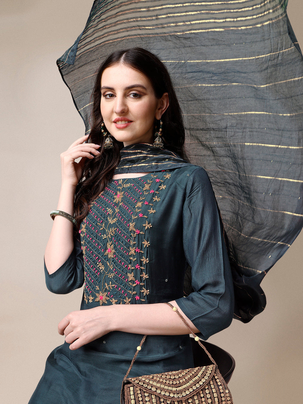 Embroidered Kurta With Pant & Dupatta Set, Multicolor - Hiral Fashion - Distacart