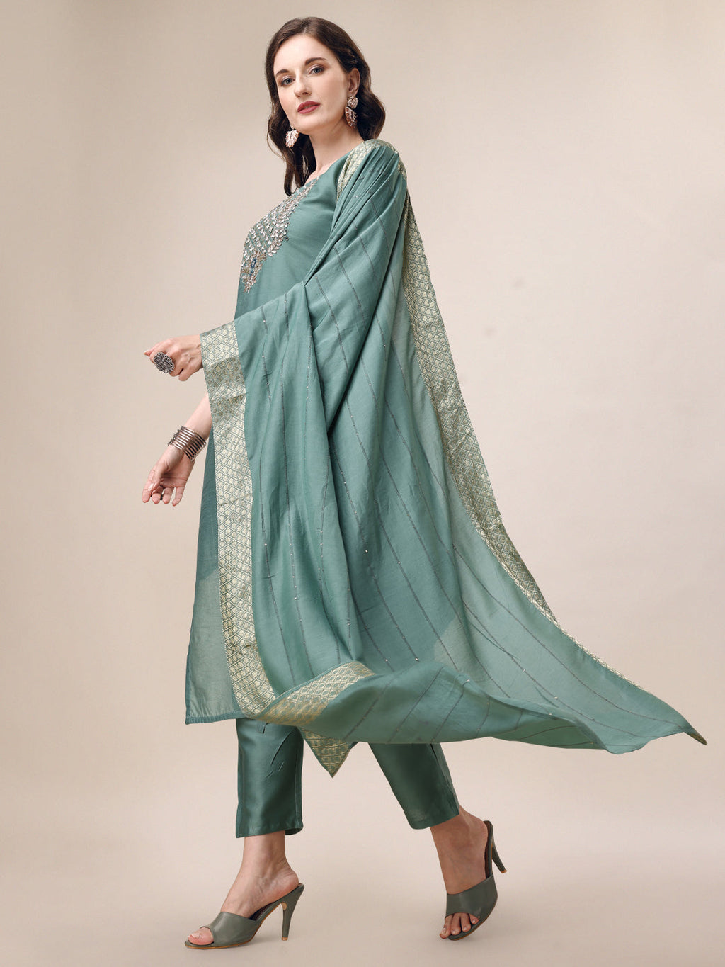Hand Embroidered Hand Work Kurta With Pant & Dupatta Set, Multicolor - Hiral Fashion