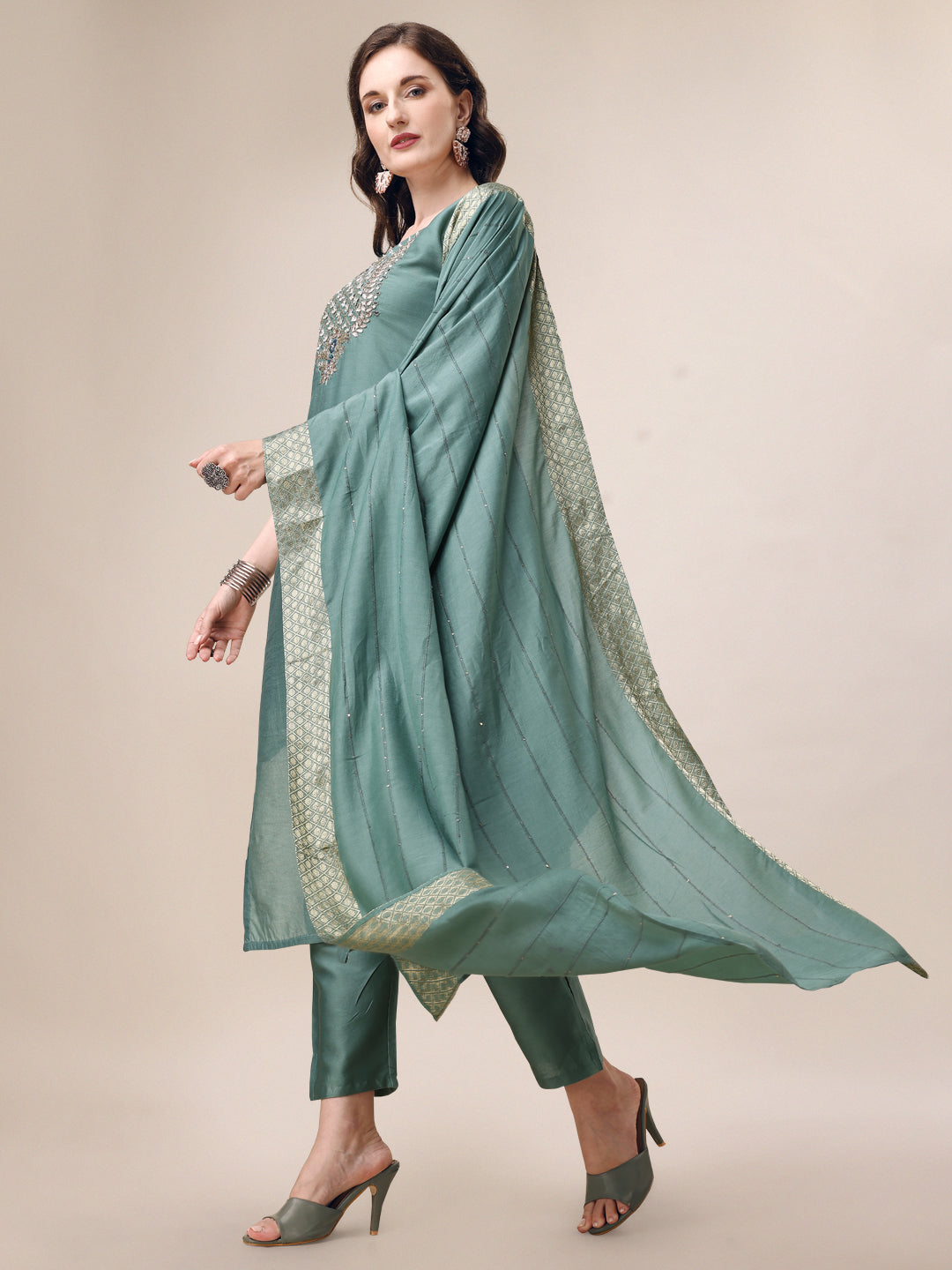 Hand Embroidered Hand Work Kurta With Pant & Dupatta Set, Multicolor - Hiral Fashion