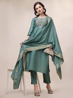 Hand Embroidered Hand Work Kurta With Pant & Dupatta Set, Multicolor - Hiral Fashion
