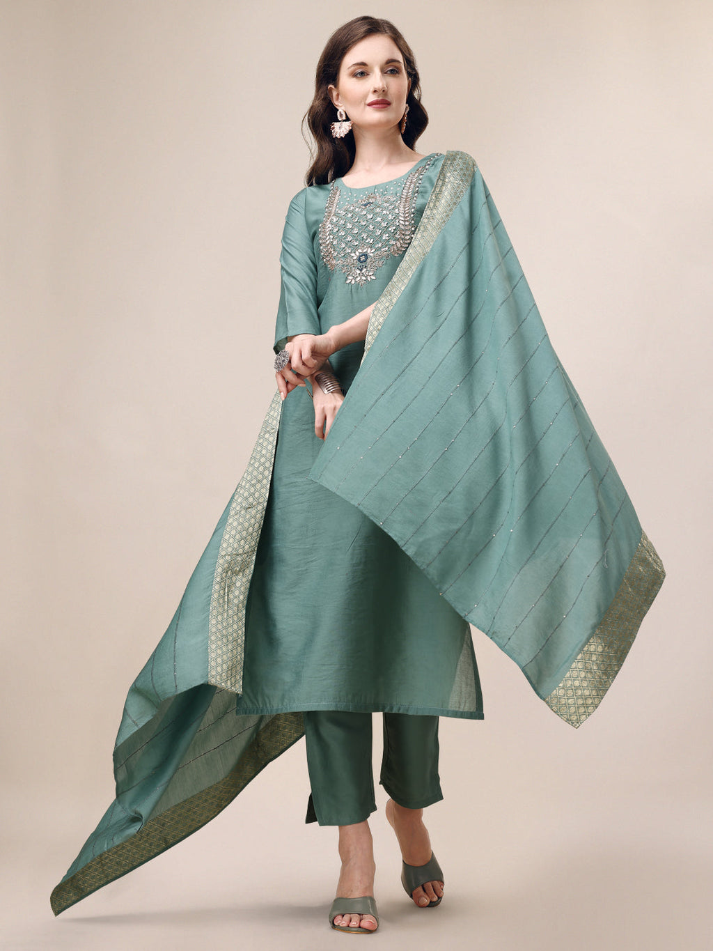 Hand Embroidered Hand Work Kurta With Pant & Dupatta Set, Multicolor - Hiral Fashion