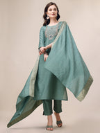 Hand Embroidered Hand Work Kurta With Pant & Dupatta Set, Multicolor - Hiral Fashion