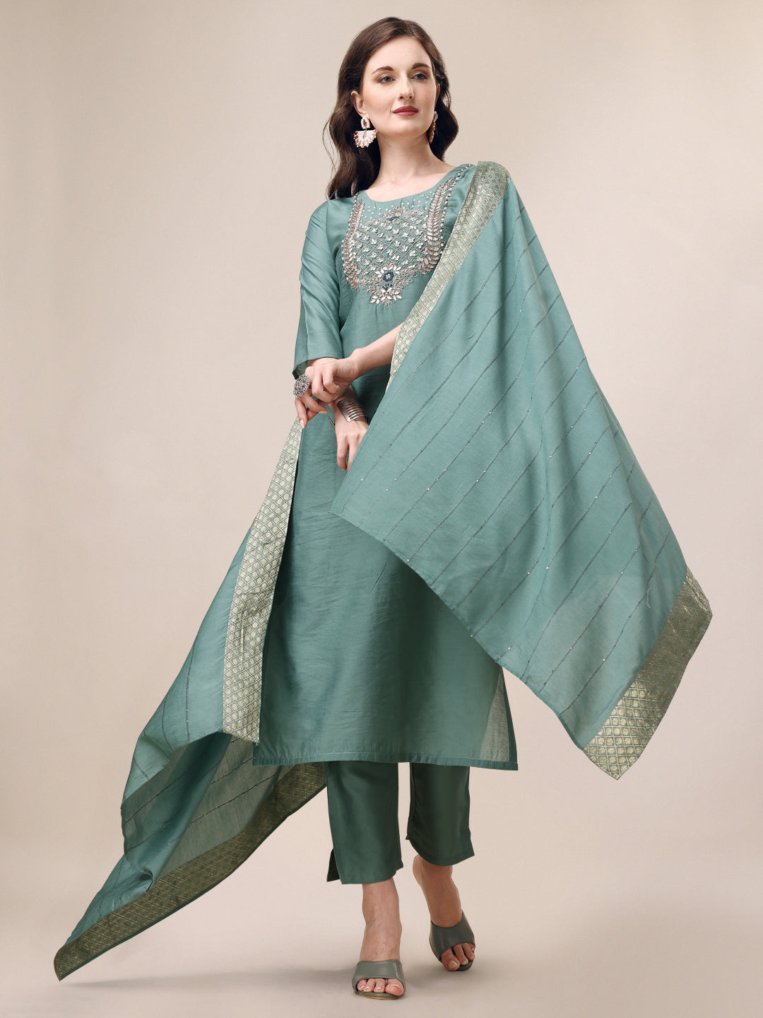 Hand Embroidered Hand Work Kurta With Pant & Dupatta Set, Multicolor - Hiral Fashion