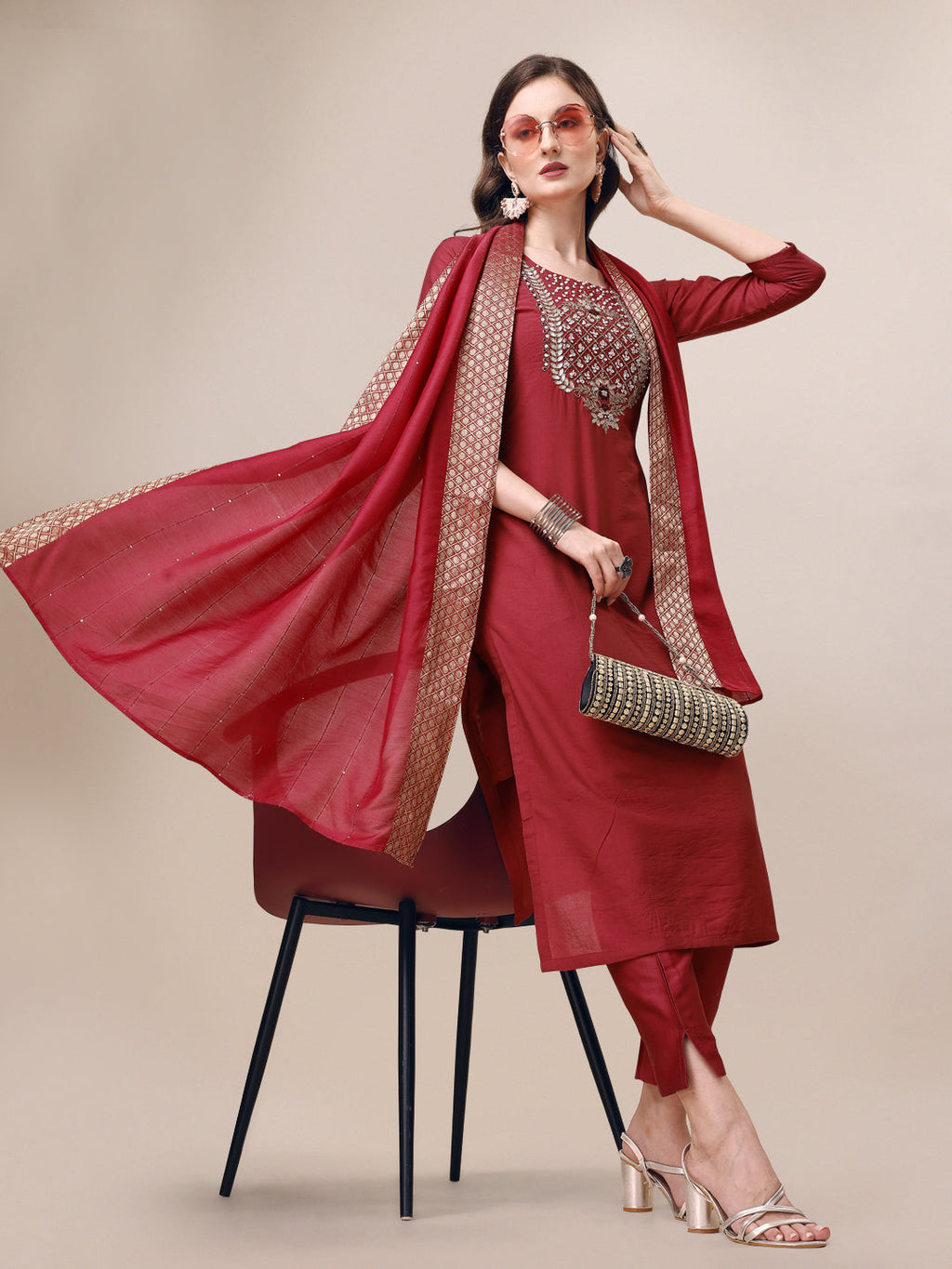 Hand Embroidered Kurta With Pant & Dupatta Set, Multicolor - Hiral Fashion - Distacart