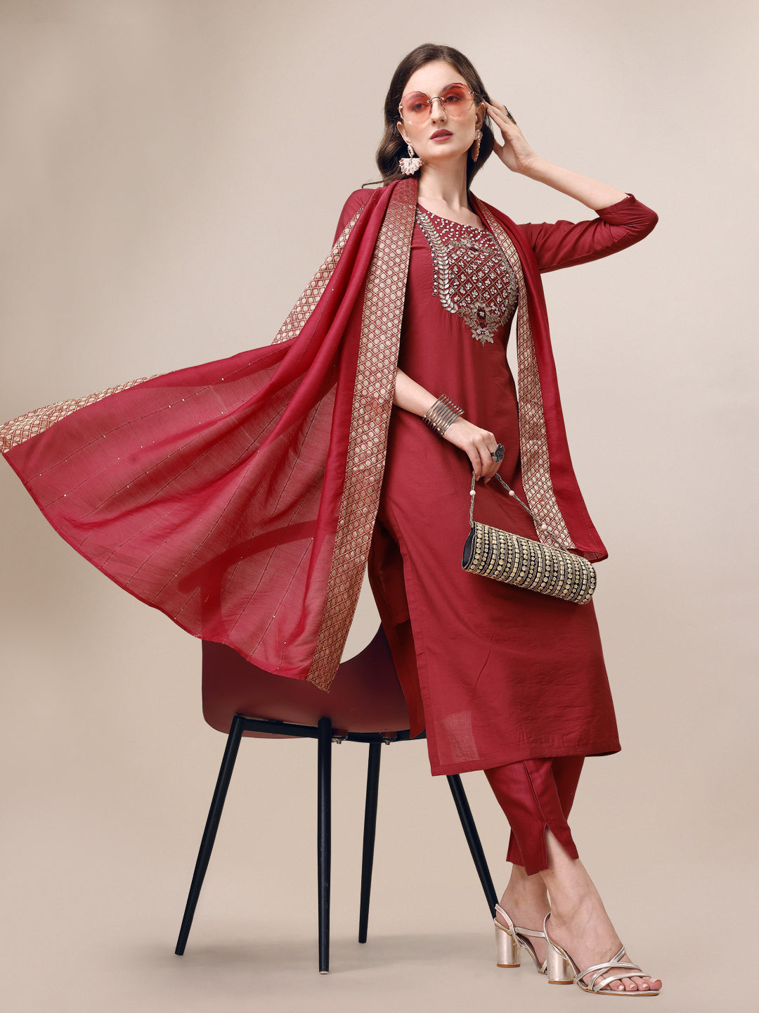 Hand Embroidered Kurta With Pant & Dupatta Set, Multicolor - Hiral Fashion - Distacart