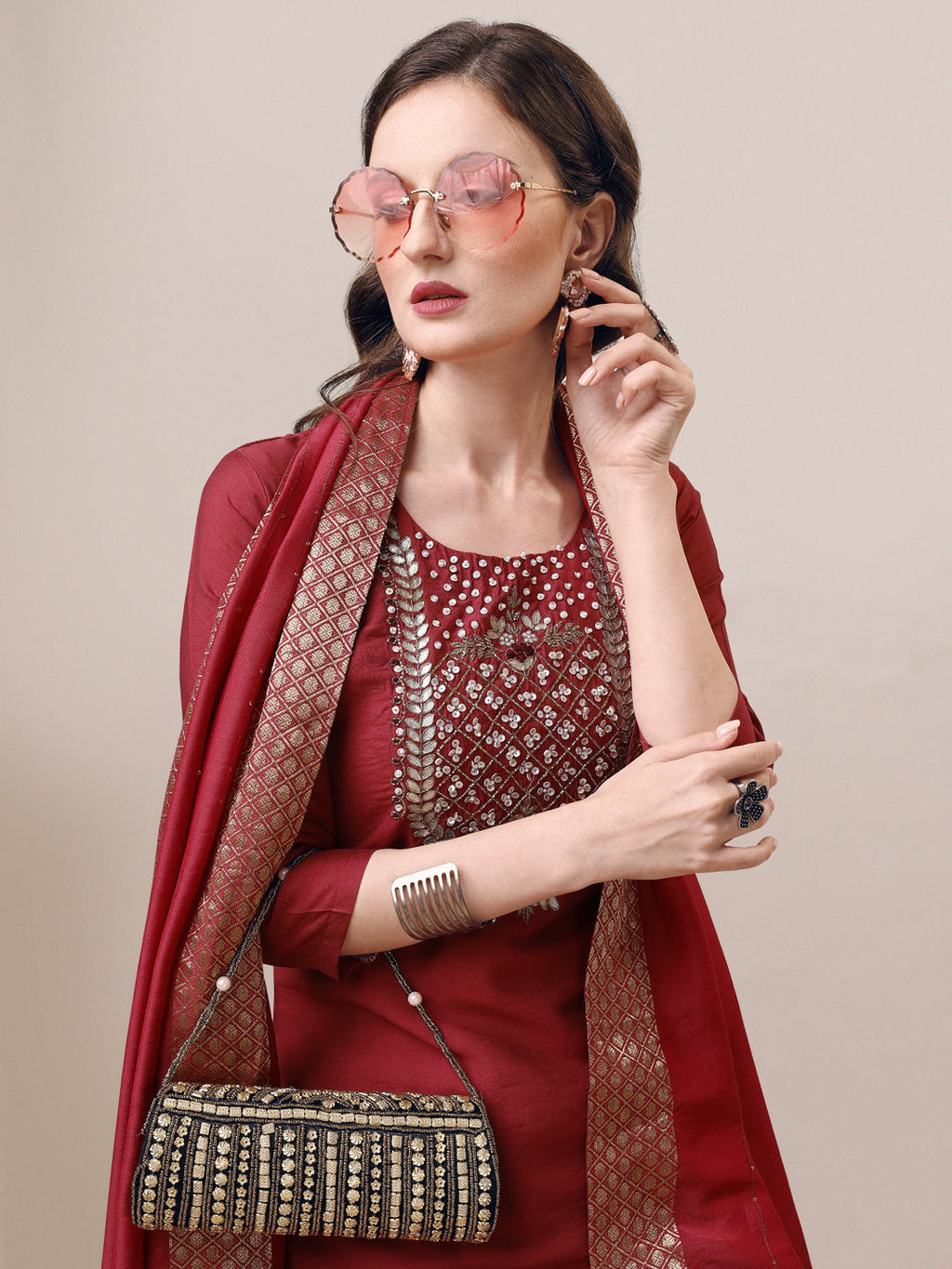 Hand Embroidered Kurta With Pant & Dupatta Set, Multicolor - Hiral Fashion - Distacart