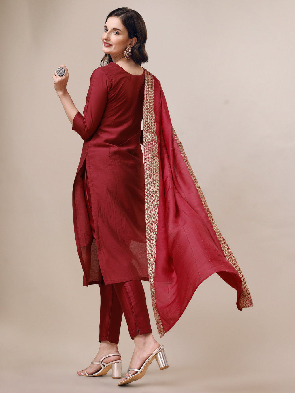 Hand Embroidered Kurta With Pant & Dupatta Set, Multicolor - Hiral Fashion - Distacart