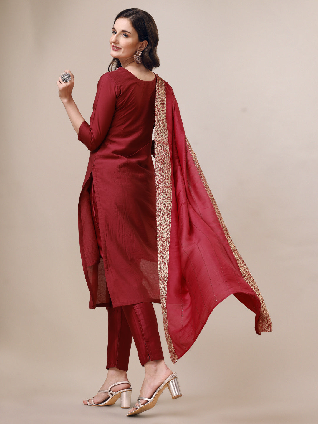 Hand Embroidered Kurta With Pant & Dupatta Set, Multicolor - Hiral Fashion - Distacart