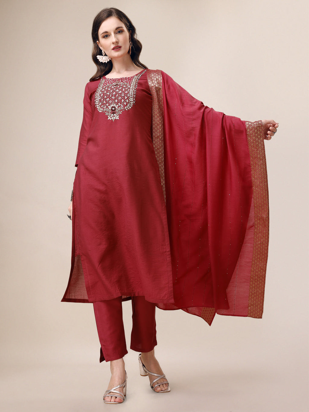 Hand Embroidered Kurta With Pant & Dupatta Set, Multicolor - Hiral Fashion - Distacart