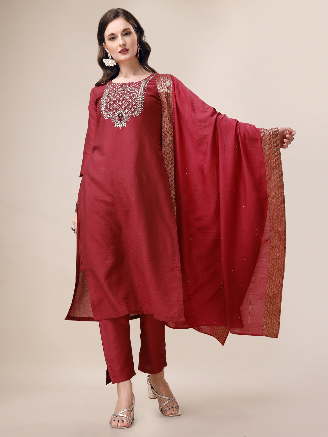 Hand Embroidered Kurta With Pant & Dupatta Set, Multicolor - Hiral Fashion - Distacart