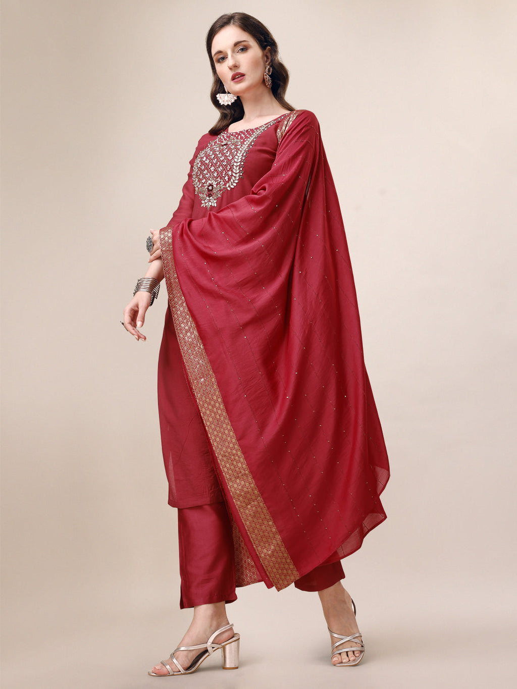 Hand Embroidered Kurta With Pant & Dupatta Set, Multicolor - Hiral Fashion - Distacart