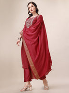 Hand Embroidered Kurta With Pant & Dupatta Set, Multicolor - Hiral Fashion - Distacart