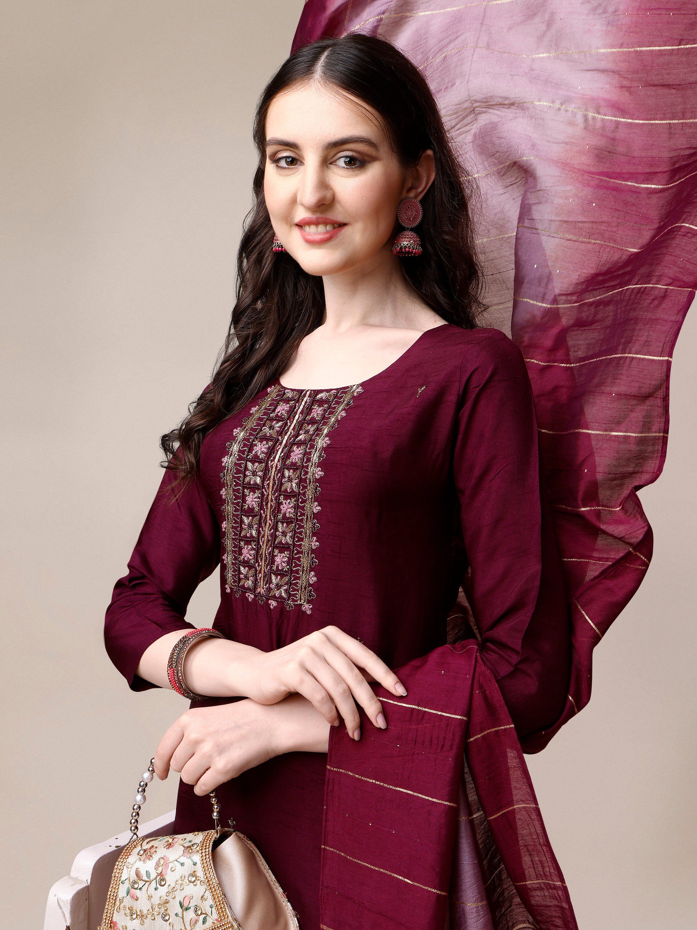 Embroidered Kurta With Pant & Dupatta Set, Multicolor - Hiral Fashion - Distacart