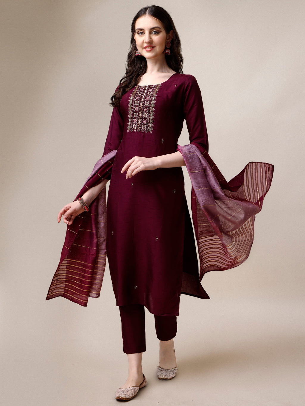 Embroidered Kurta With Pant & Dupatta Set, Multicolor - Hiral Fashion - Distacart