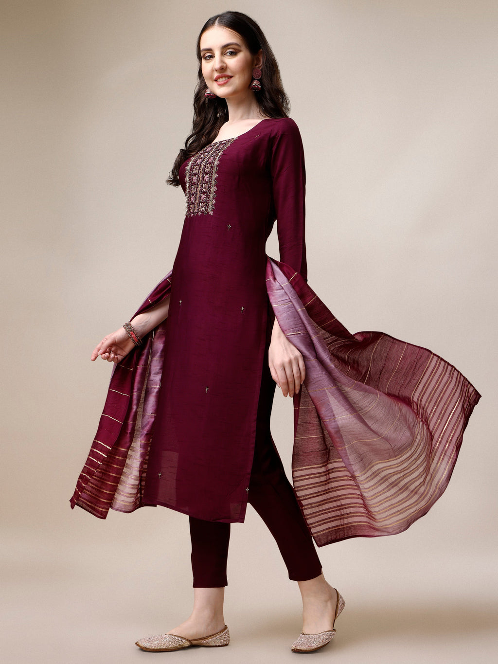 Embroidered Kurta With Pant & Dupatta Set, Multicolor - Hiral Fashion - Distacart