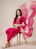 Embroidered Kurta With Pant & Dupatta Set, Multicolor - Hiral Fashion