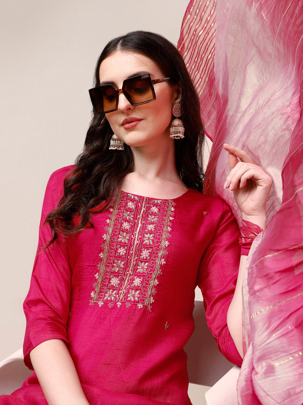 Embroidered Kurta With Pant & Dupatta Set, Multicolor - Hiral Fashion