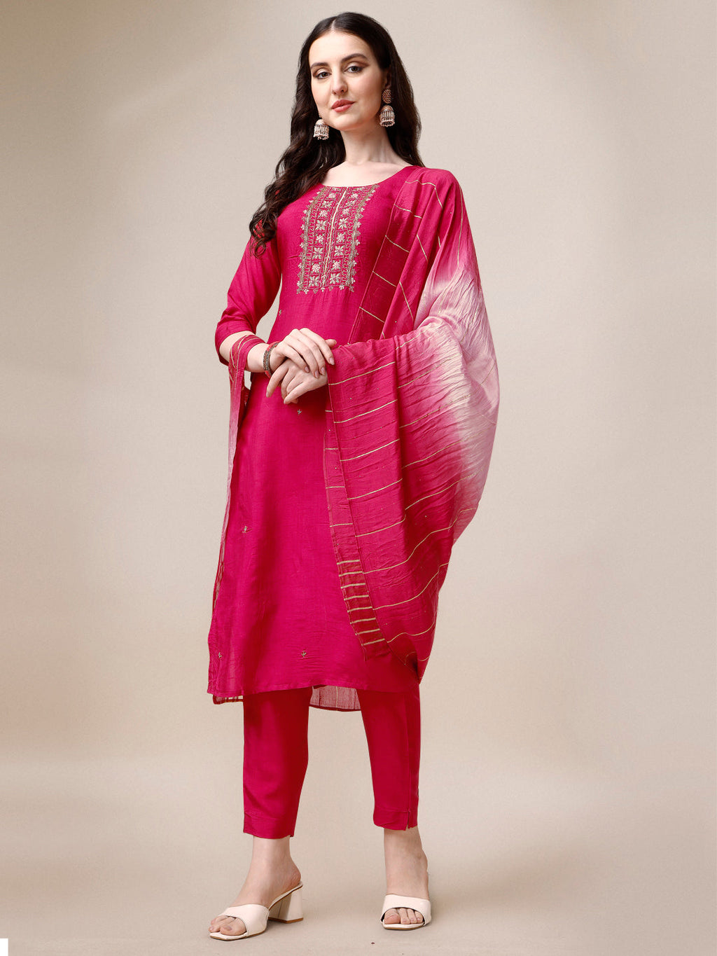 Embroidered Kurta With Pant & Dupatta Set, Multicolor - Hiral Fashion