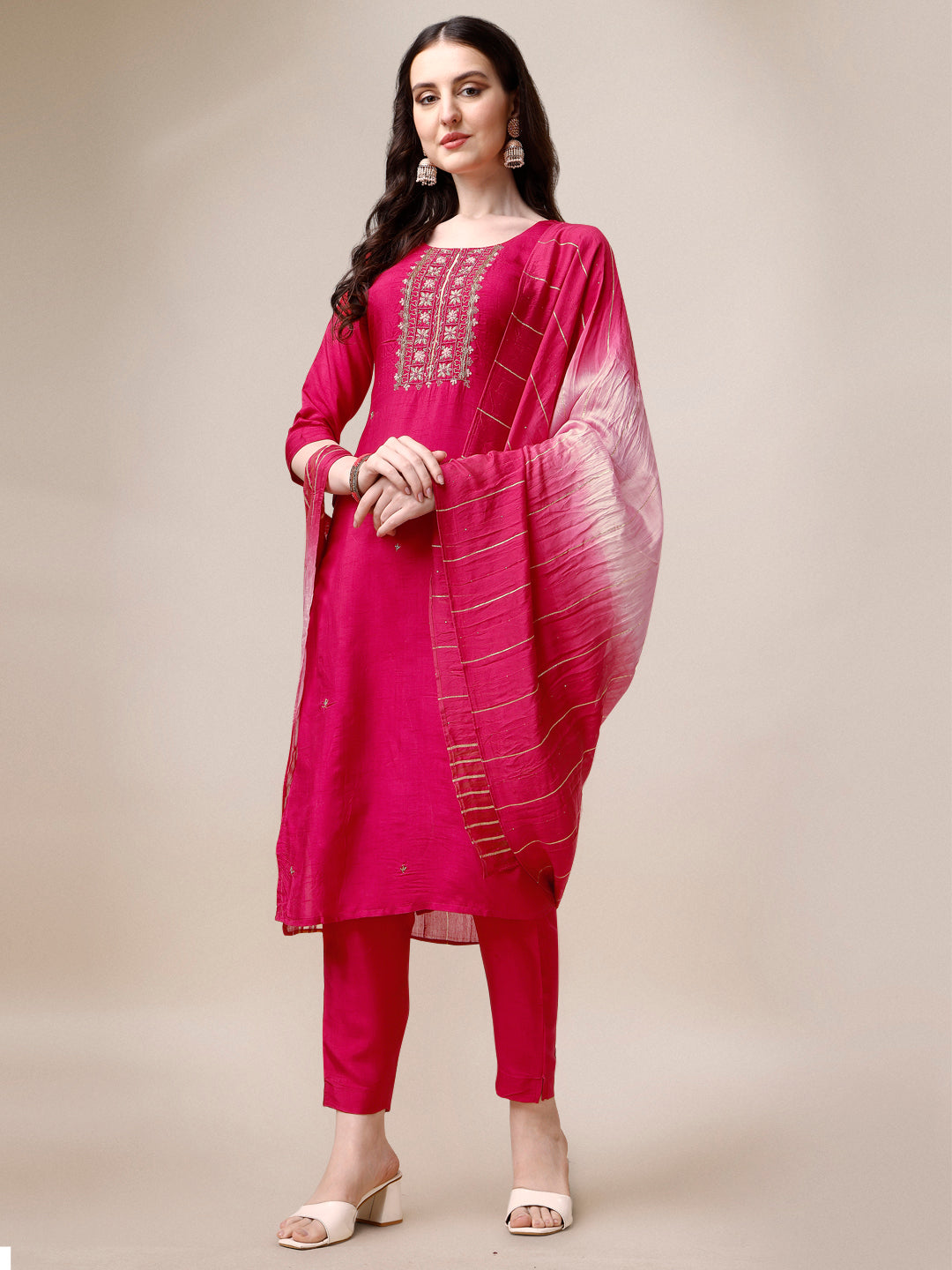 Embroidered Kurta With Pant & Dupatta Set, Multicolor - Hiral Fashion