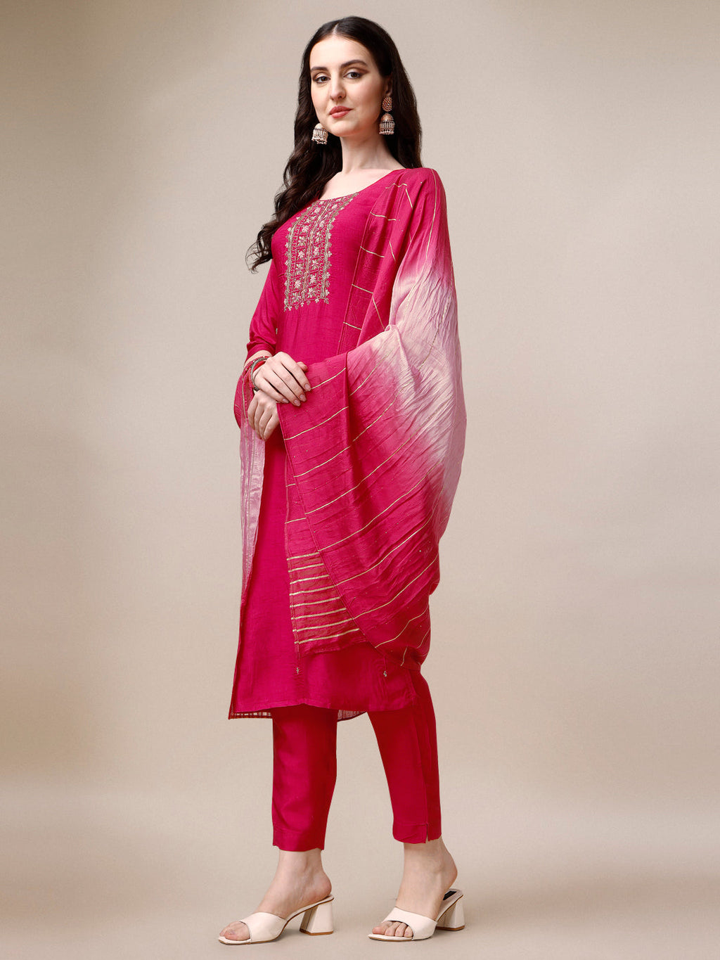 Embroidered Kurta With Pant & Dupatta Set, Multicolor - Hiral Fashion