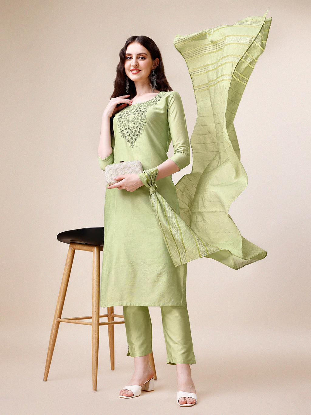 Embroidered Kurta With Pant And Dupatta Set, Multicolor - Hiral Fashion - Distacart