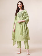 Embroidered Kurta With Pant And Dupatta Set, Multicolor - Hiral Fashion - Distacart
